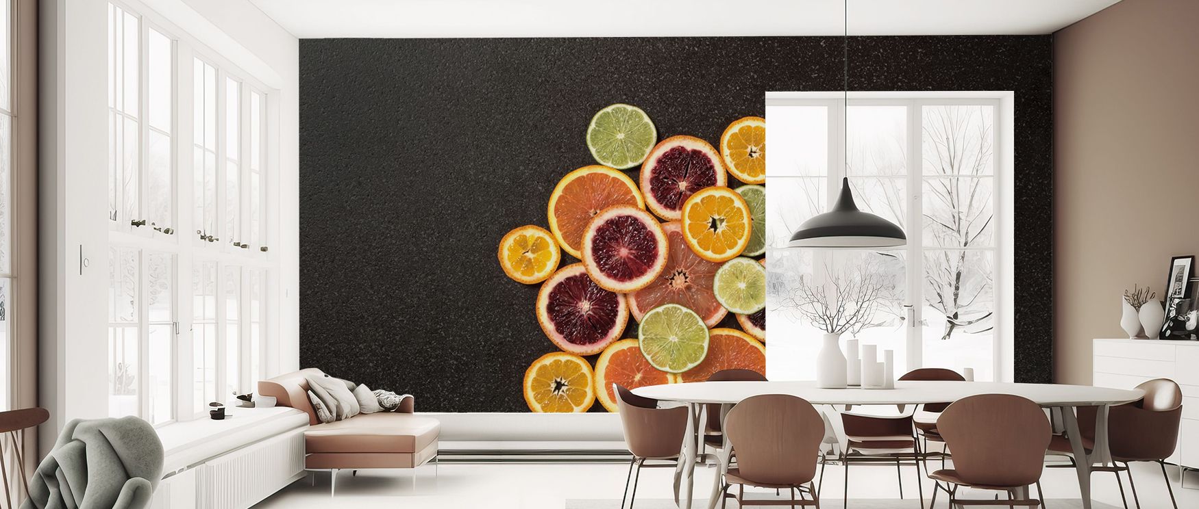 An artistic citrus-inspired mural wallpaper in bold hues, perfect for bedrooms, living rooms, or studies. It enhances interiors with lively decorative balance, creative refinement, and stylish presence, offering homes bold atmospheres enriched with playfu