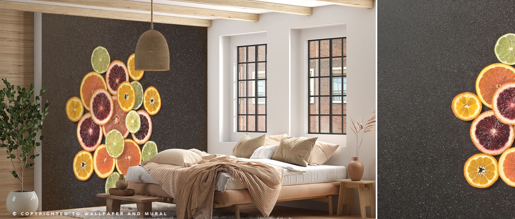 Citrus drama mural wallpaper showcasing abstract artistry in bold tones, perfect for bedrooms, creative studios, or living areas. It transforms interiors with colorful charm, artistic refinement, and modern inspiration, offering stylish spaces filled with