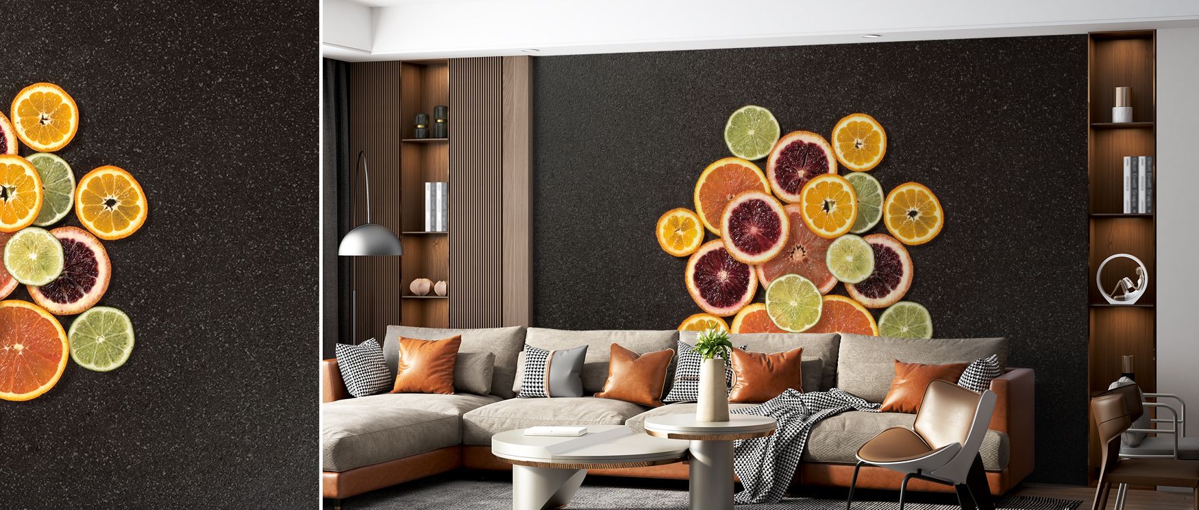 A mural wallpaper design capturing citrus-inspired colors in abstract forms, perfect for bedrooms, lounges, or offices. It creates lively interiors enriched with artistic refinement, bold decorative presence, and modern inspiration, offering stylish homes