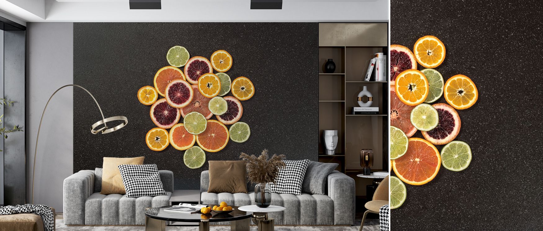 Citrus abstract mural wallpaper featuring bright flowing patterns, suited for bedrooms, dining rooms, or living areas. It enriches interiors with decorative artistry, expressive refinement, and bold creative charm, creating vibrant modern spaces inspired 