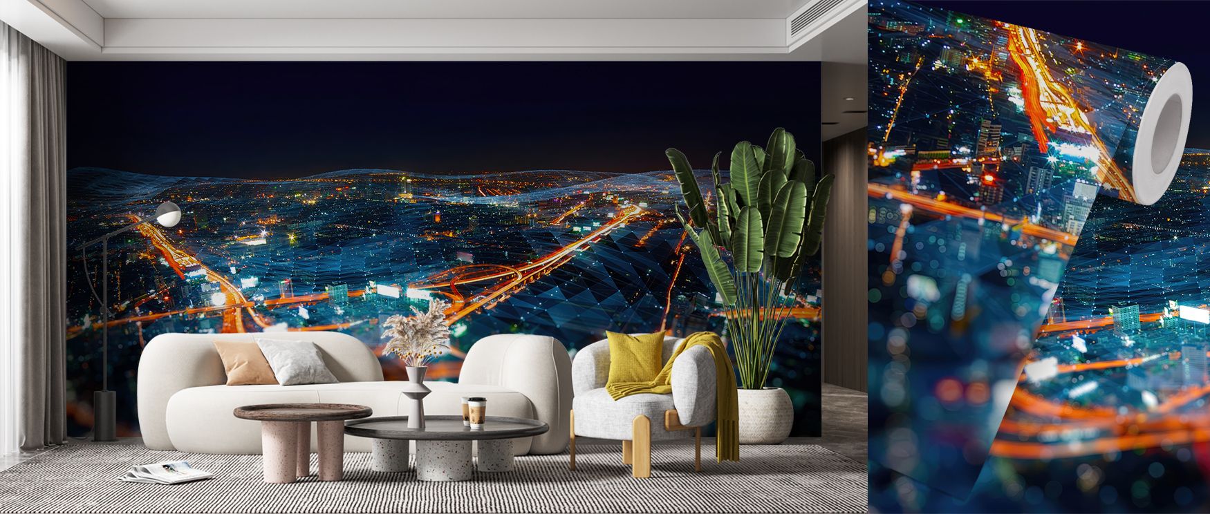 A mural wallpaper design capturing city views at night, perfect for bedrooms, lounges, or dining areas. It enriches interiors with decorative artistry, luminous charm, and metropolitan refinement, turning walls into bold urban canvases filled with sophist