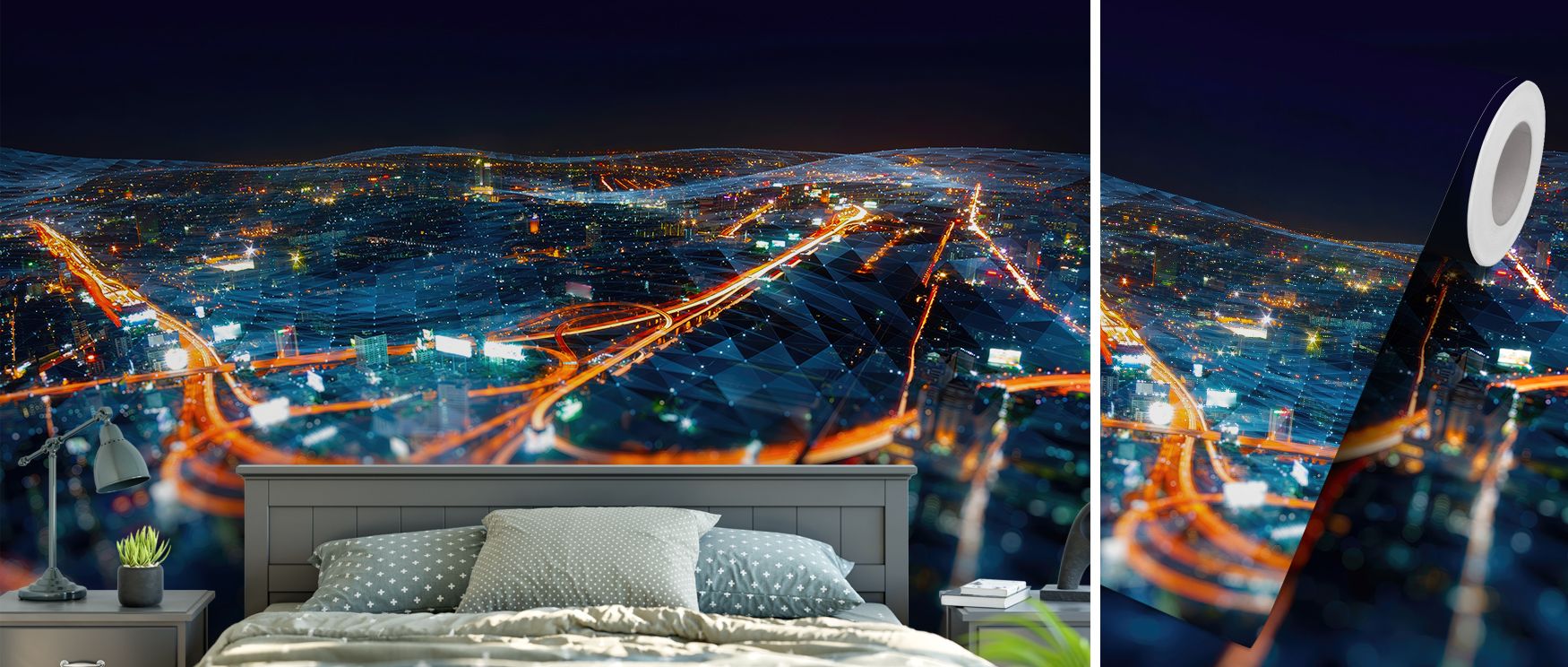 City lights mural wallpaper rendered in glowing tones, suited for bedrooms, dining rooms, or creative spaces. It transforms interiors with metropolitan inspiration, decorative refinement, and urban artistry, offering striking atmospheres filled with bold 