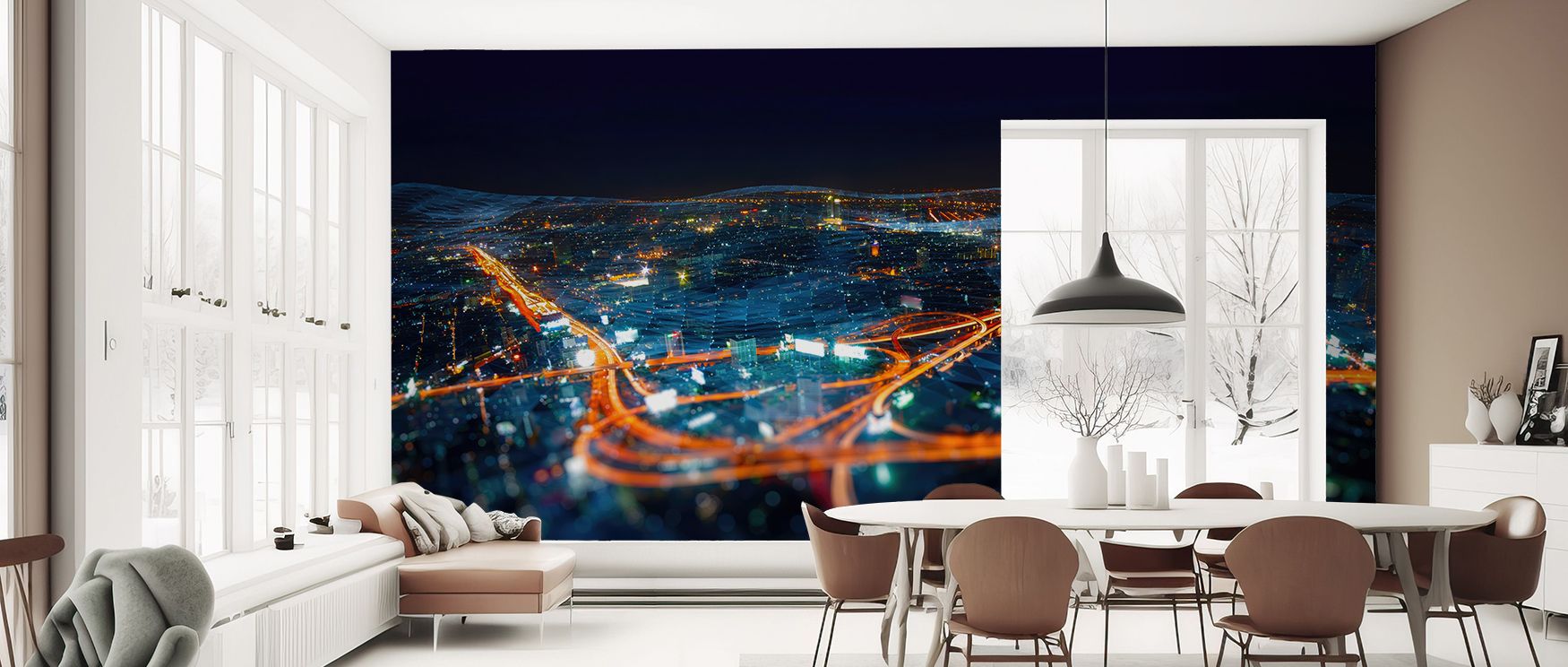 Night skyline mural wallpaper featuring glowing city lights, suited for bedrooms, studies, or creative spaces. It creates refined interiors enriched with decorative artistry, luminous presence, and modern metropolitan charm, offering stylish homes bold ur