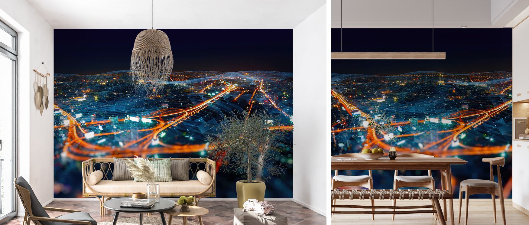 Vibrant mural wallpaper showcasing city lights glowing across skyline silhouettes, ideal for bedrooms, living rooms, or offices. It enhances interiors with luminous decorative refinement, metropolitan inspiration, and bold artistic charm, creating dramati