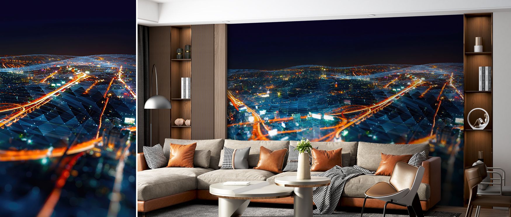 City lights mural wallpaper filled with glowing detail, perfect for bedrooms, lounges, or dining rooms. It enriches interiors with decorative artistry, metropolitan inspiration, and stylish refinement, creating bold spaces filled with luminous modern char