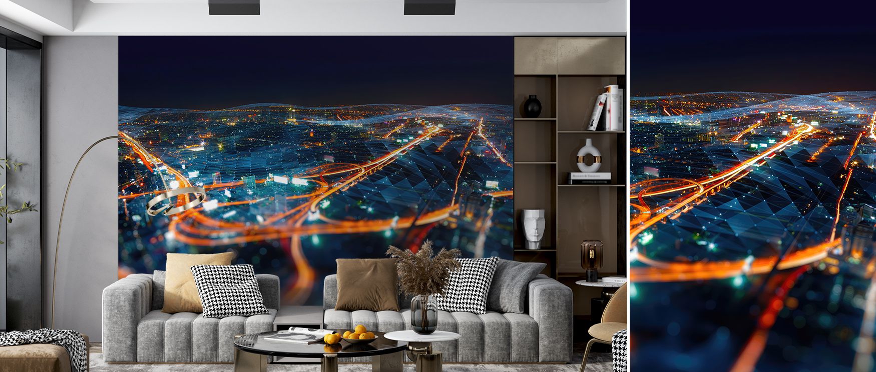 A mural wallpaper capturing luminous city views, perfect for bedrooms, living rooms, or offices. It enhances interiors with decorative refinement, stylish artistry, and metropolitan charm, offering dramatic modern atmospheres enriched with architectural d