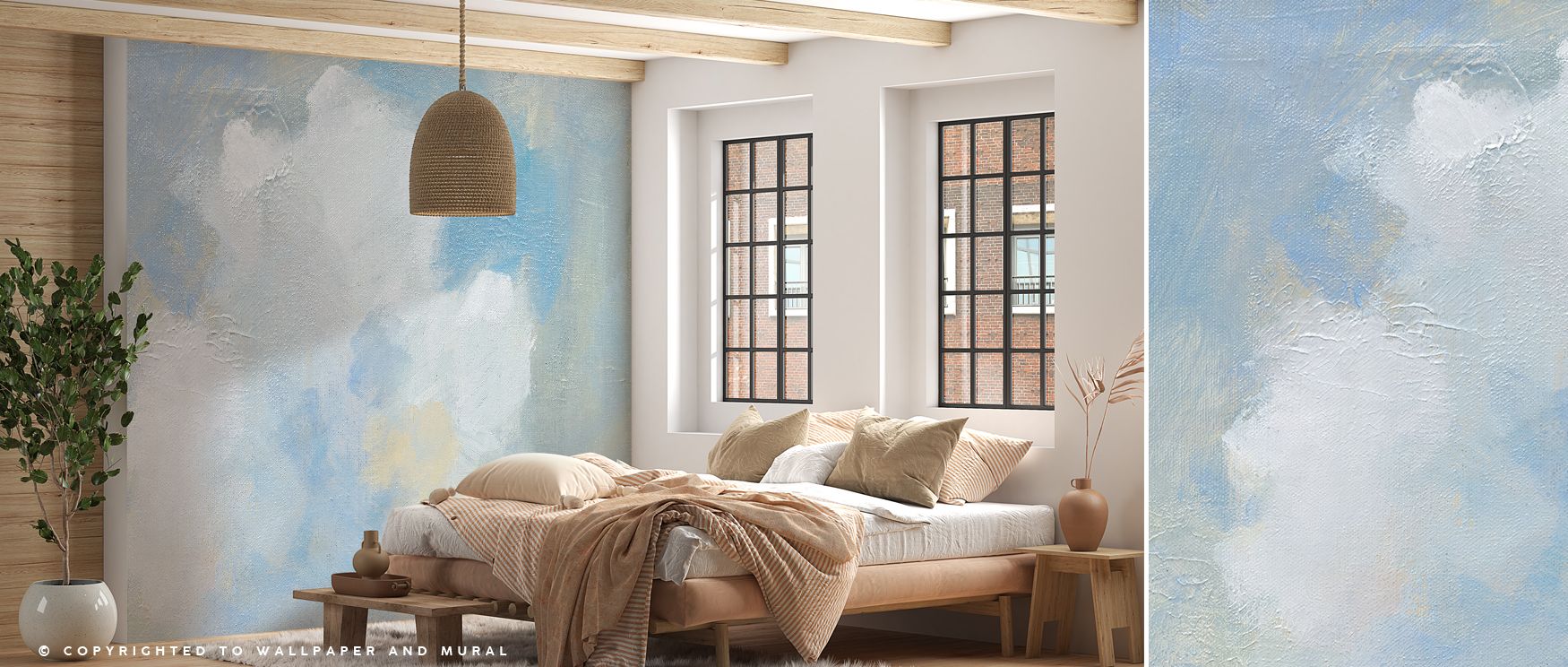 Scenic mural wallpaper featuring cloud and lake views in delicate tones, ideal for bedrooms, lounges, or offices. It enhances interiors with decorative elegance, natural balance, and calm artistry, creating modern spaces enriched with peaceful inspiration