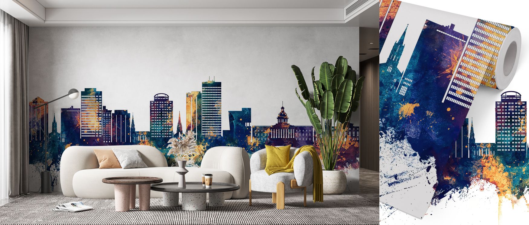 A mural wallpaper showcasing Columbia skyline in rich blue and bronze, ideal for bedrooms, lounges, or offices. It enhances interiors with decorative refinement, metropolitan elegance, and creative artistry, offering bold modern spaces filled with archite