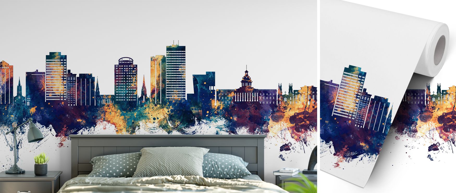Columbia South Carolina skyline mural wallpaper in blue and bronze tones, perfect for bedrooms, living rooms, or dining areas. It enriches interiors with metropolitan artistry, decorative refinement, and stylish balance, creating bold atmospheres filled w