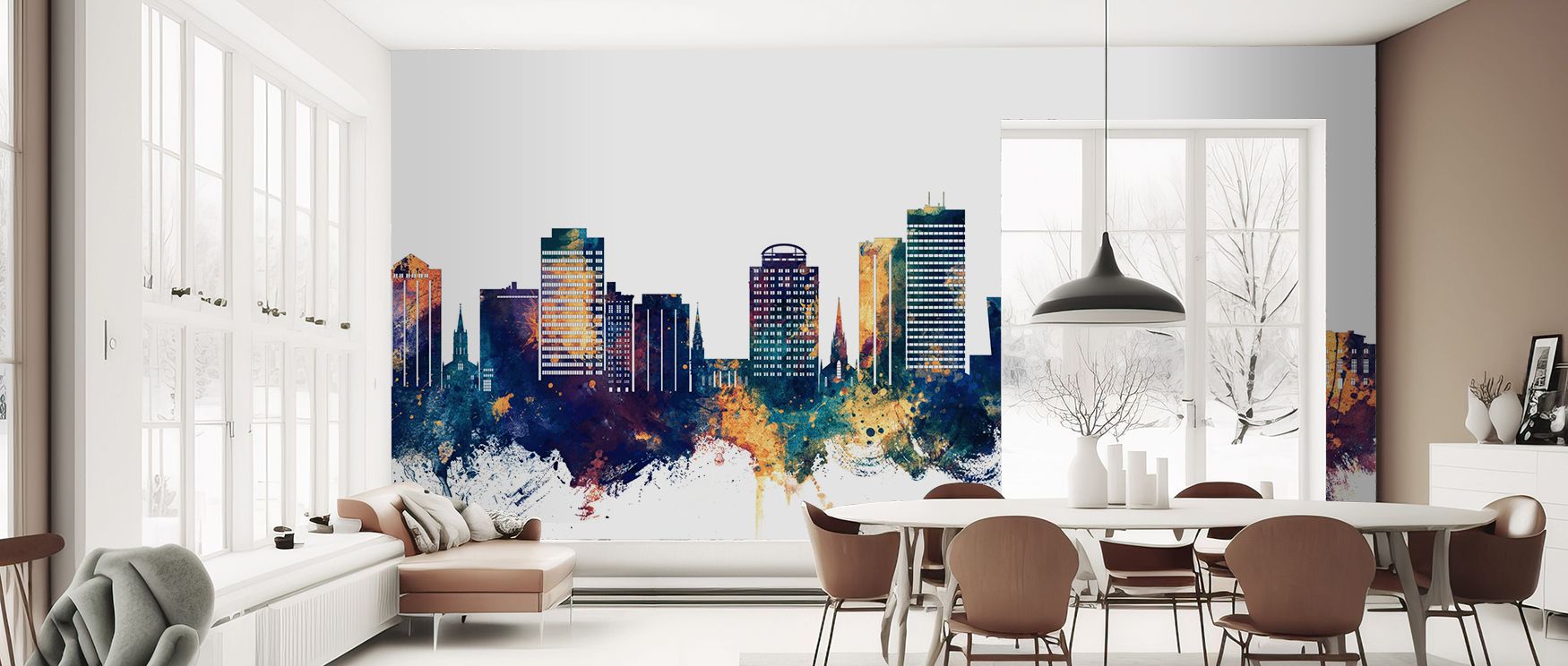 Columbia skyline mural wallpaper in bold blue and bronze, suited for bedrooms, living rooms, or offices. It creates stylish metropolitan-inspired spaces enriched with decorative refinement, artistic charm, and refined balance, turning walls into bold urba