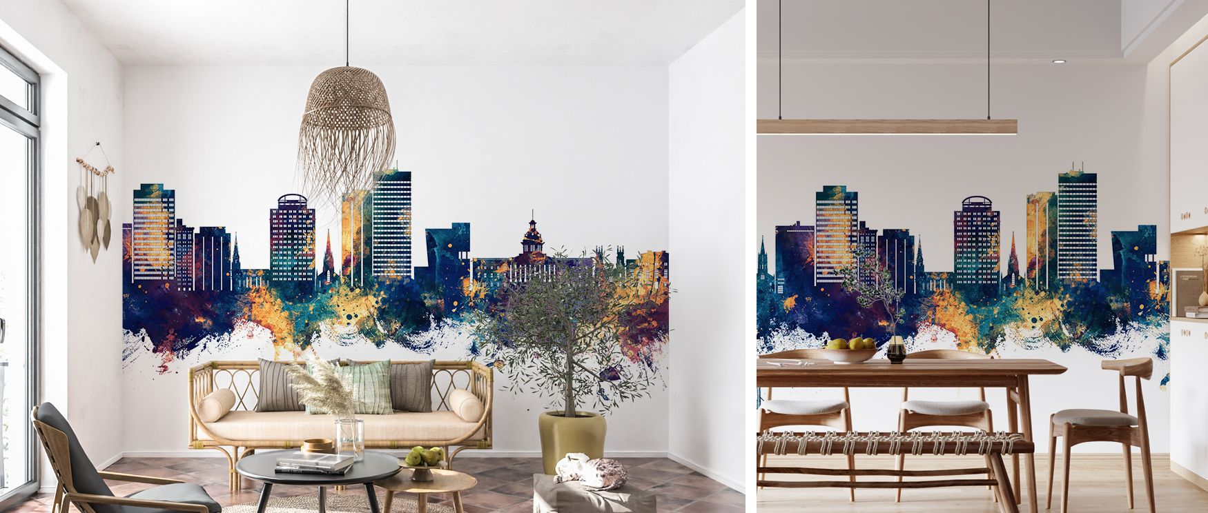 Columbia skyline mural wallpaper designed in vibrant tones, suited for bedrooms, dining rooms, or creative spaces. It creates refined interiors enriched with decorative balance, urban refinement, and artistic charm, offering homes striking atmospheres fil