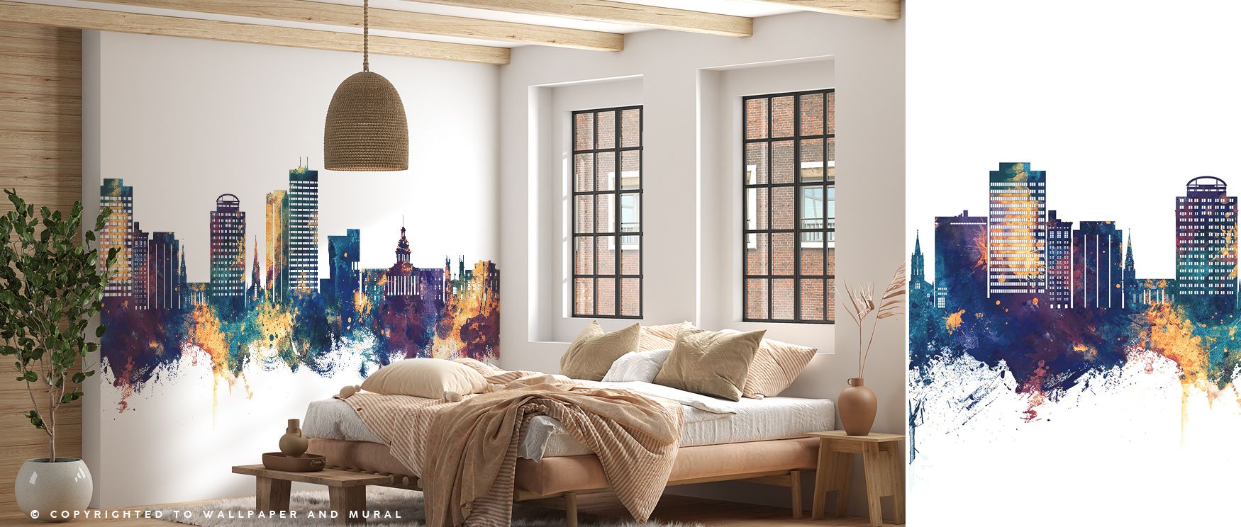 A mural wallpaper capturing Columbia skyline in blue and bronze artistry, perfect for bedrooms, studies, or living rooms. It enriches interiors with decorative refinement, metropolitan charm, and modern elegance, creating bold spaces filled with architect