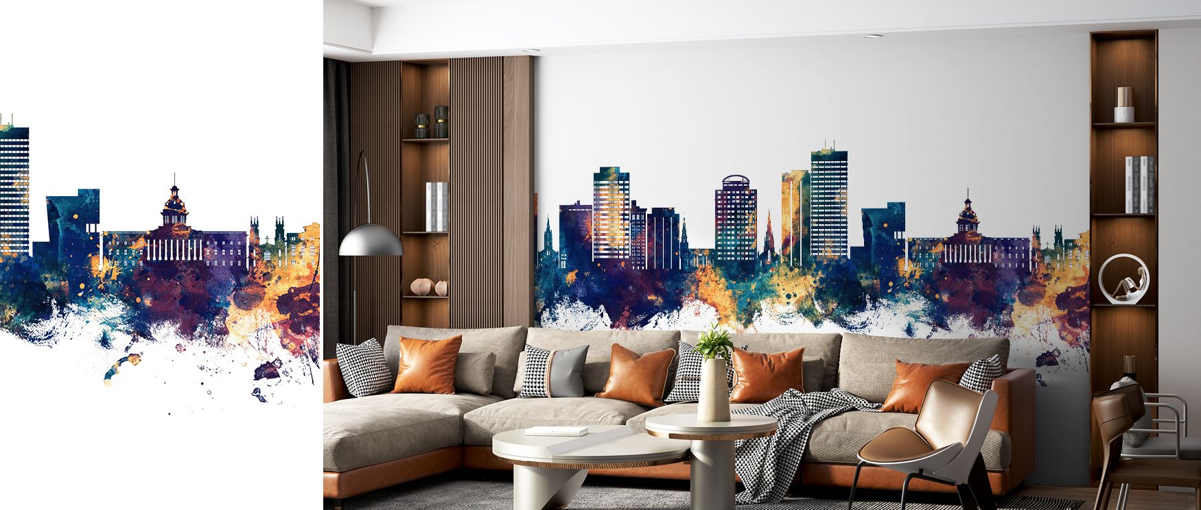 Blue and bronze Columbia skyline mural wallpaper, ideal for bedrooms, lounges, or dining areas. It enhances interiors with decorative refinement, metropolitan charm, and architectural artistry, creating refined spaces enriched with bold decorative presenc