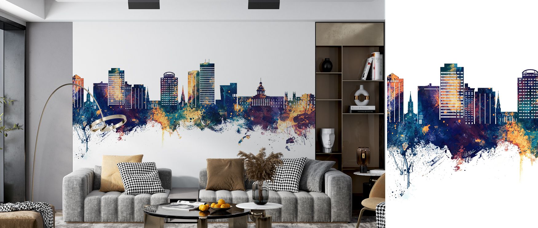 A mural wallpaper featuring Columbia skyline in luminous tones, perfect for bedrooms, dining rooms, or studies. It enriches interiors with decorative refinement, metropolitan charm, and stylish artistry, creating bold spaces enriched with architectural ba