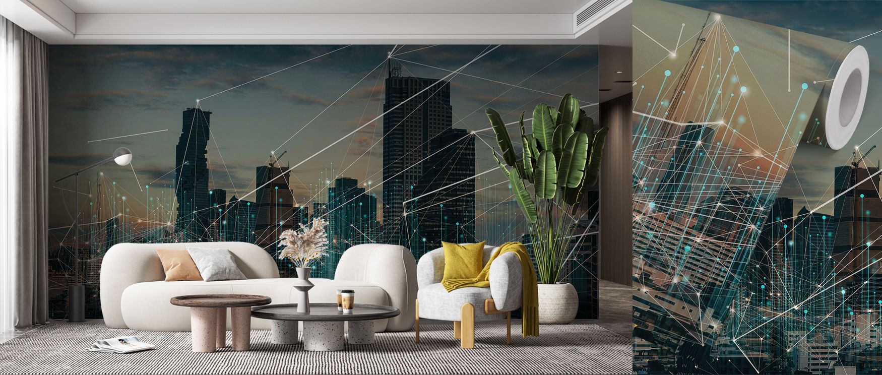 Connected cityscape mural wallpaper rendered in metropolitan artistry, suited for bedrooms, studies, or dining rooms. It creates interiors enriched with decorative charm, architectural refinement, and creative presence, offering homes bold atmospheres fil