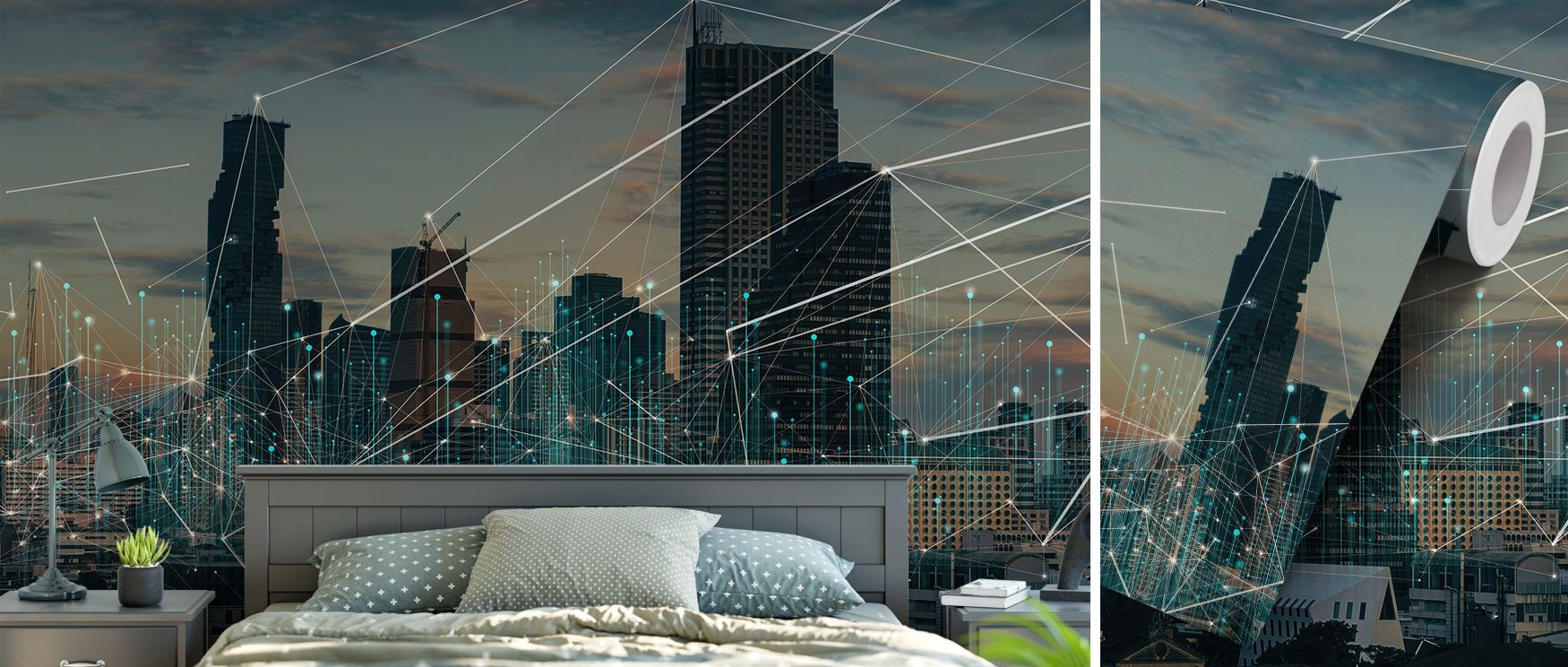 A mural wallpaper capturing connected cityscapes in contemporary style, ideal for bedrooms, dining areas, or lounges. It enhances interiors with decorative refinement, urban balance, and artistic charm, creating refined spaces enriched with architectural 