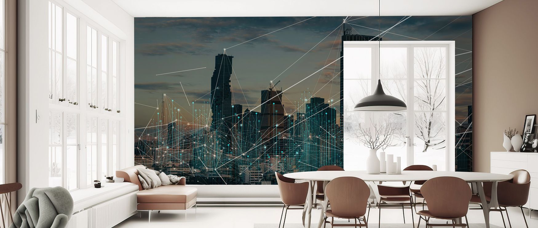 Connected Cityscape mural wallpaper showcasing detailed skylines, ideal for bedrooms, living rooms, or dining spaces. It transforms interiors with decorative refinement, architectural balance, and metropolitan charm, offering modern homes bold atmospheres