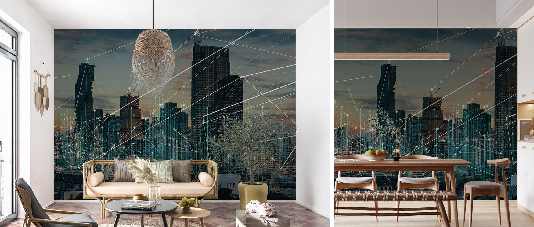 Contemporary cityscape mural wallpaper design capturing architectural silhouettes, ideal for bedrooms, lounges, or offices. It enriches interiors with decorative artistry, metropolitan charm, and bold balance, creating stylish spaces enriched with creativ