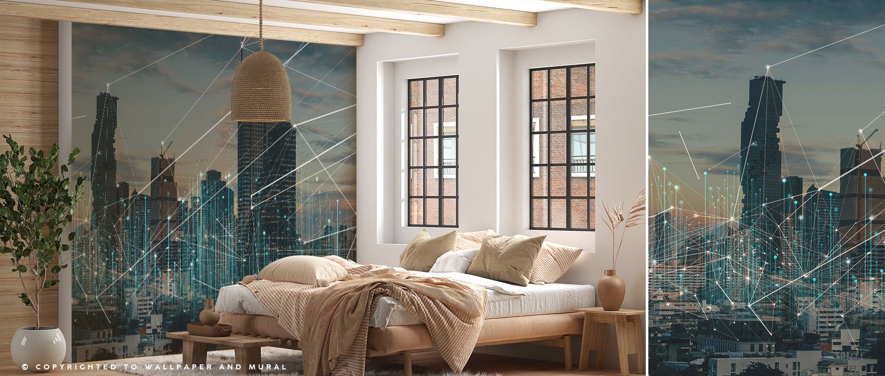 A mural wallpaper featuring connected city skylines in detailed design, perfect for bedrooms, dining rooms, or lounges. It enhances interiors with metropolitan artistry, architectural refinement, and decorative charm, creating refined atmospheres filled w