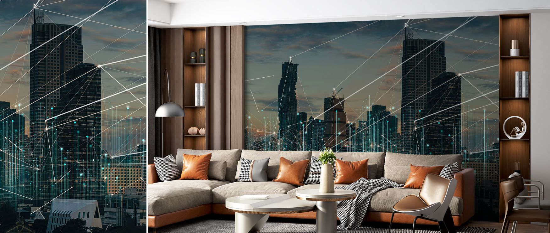 Connected cityscape mural wallpaper designed in bold contemporary style, suited for bedrooms, studies, or creative interiors. It creates refined spaces enriched with metropolitan inspiration, decorative refinement, and architectural artistry, offering sty