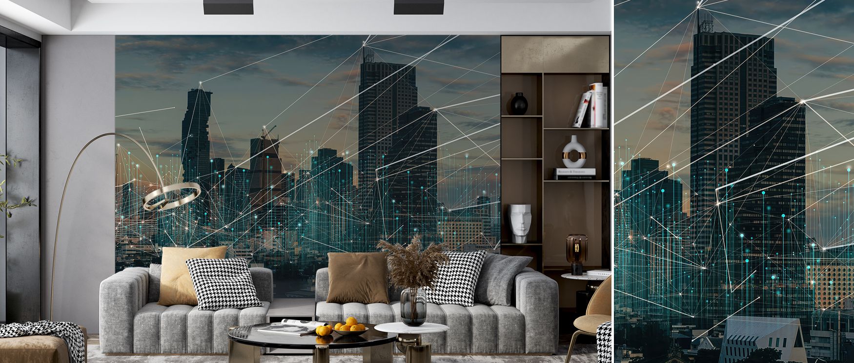 A mural wallpaper capturing city detail in connected style, perfect for bedrooms, dining areas, or living rooms. It enriches interiors with decorative charm, metropolitan refinement, and architectural presence, creating stylish spaces enriched with modern