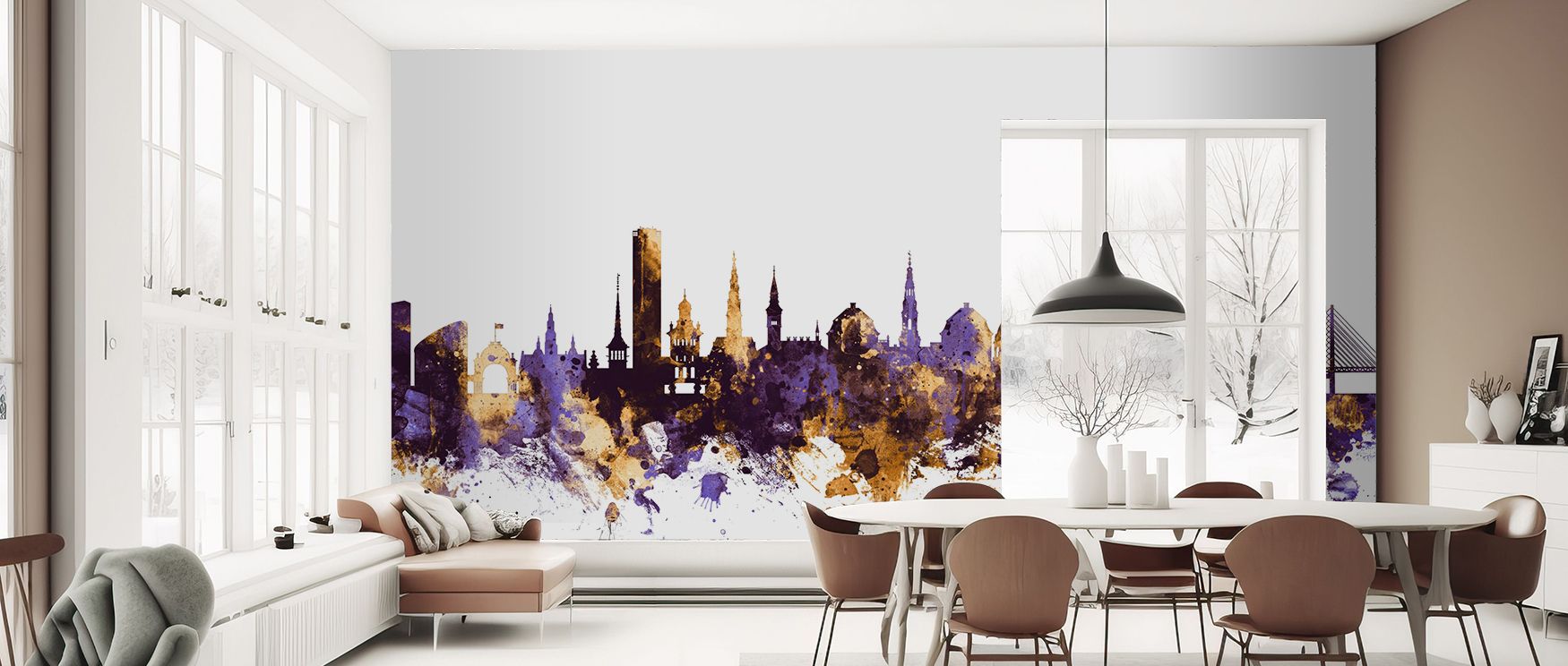 A mural wallpaper capturing Copenhagen skyline in luminous purple and gold, perfect for bedrooms, dining areas, or lounges. It enriches interiors with decorative refinement, metropolitan artistry, and stylish balance, creating refined spaces filled with b