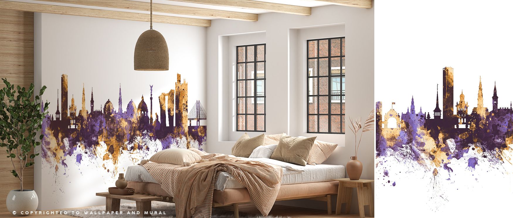 Purple and gold Copenhagen skyline mural wallpaper, ideal for bedrooms, lounges, or dining areas. It transforms interiors with decorative refinement, metropolitan artistry, and bold inspiration, creating stylish atmospheres filled with architectural elega