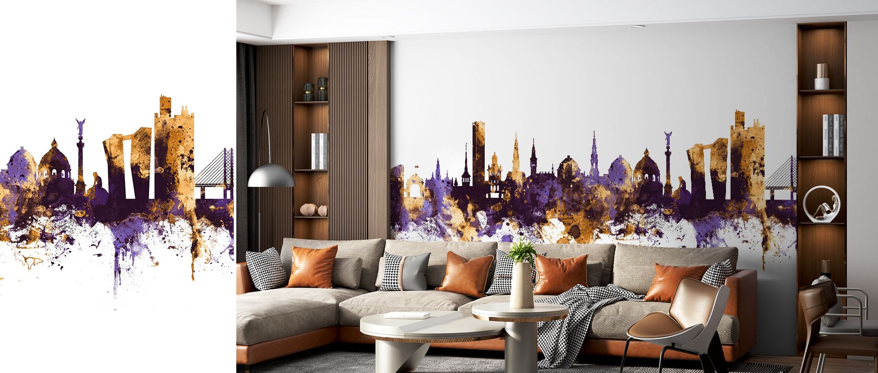 A mural wallpaper featuring Copenhagen skyline in regal purple and gold, perfect for bedrooms, dining rooms, or studies. It enriches interiors with decorative refinement, metropolitan charm, and artistic presence, creating refined spaces filled with archi