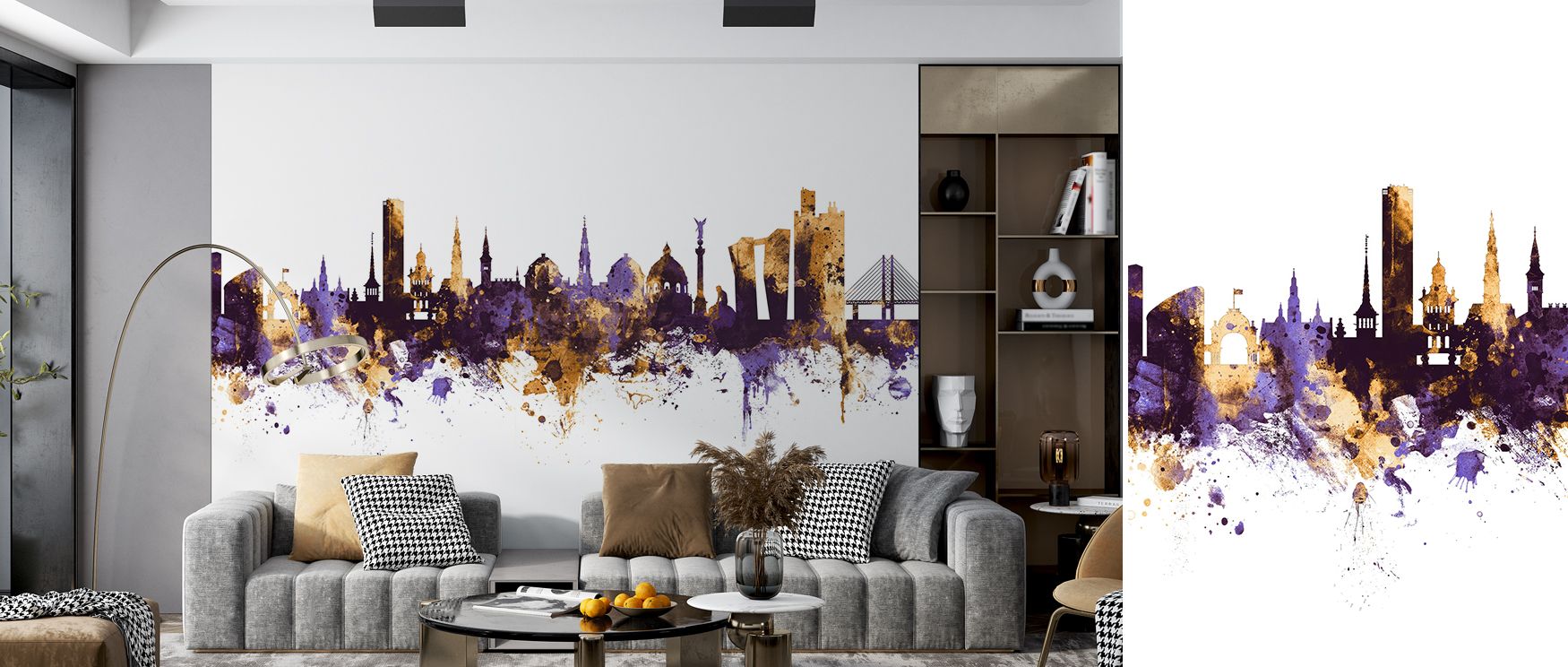 Copenhagen skyline mural wallpaper designed in regal tones, suited for bedrooms, creative spaces, or living areas. It creates refined interiors enriched with decorative artistry, architectural refinement, and metropolitan charm, offering stylish homes bol