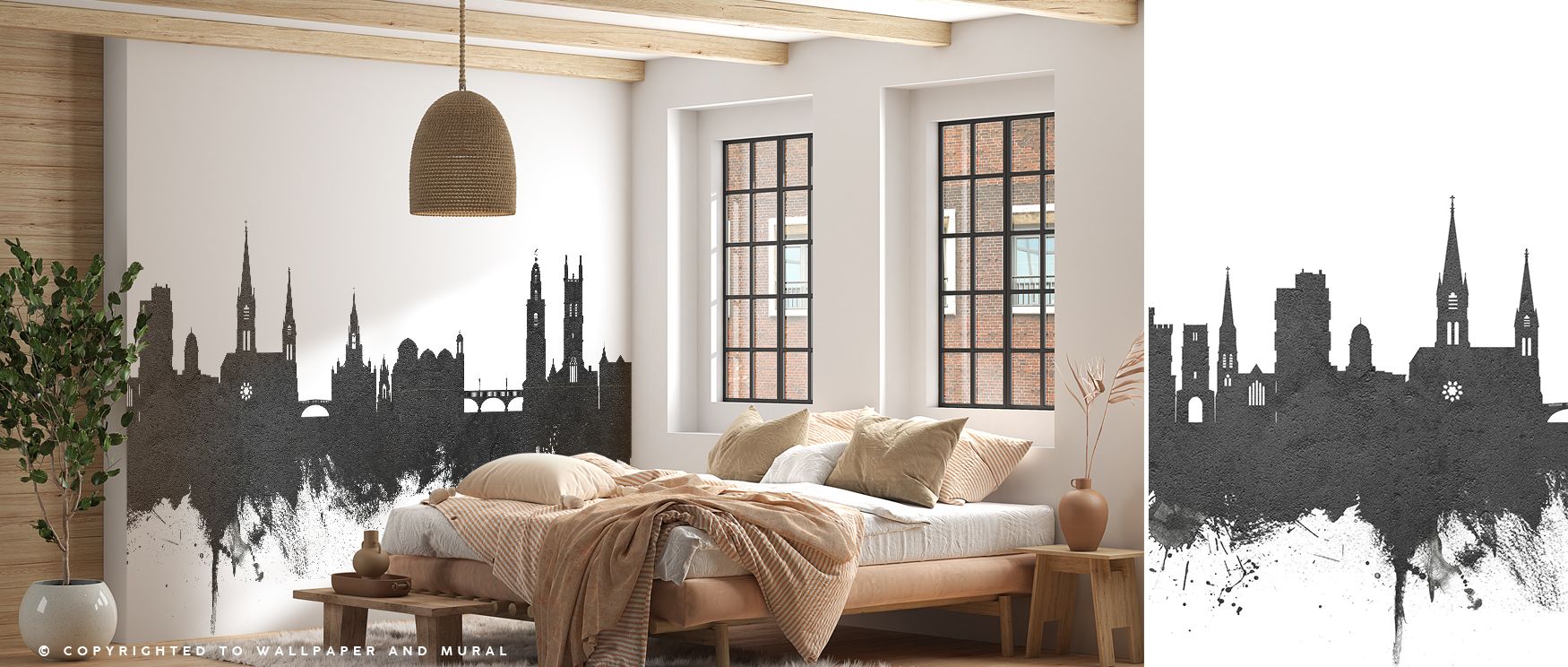 Black and white Cork skyline mural wallpaper, ideal for bedrooms, lounges, or dining areas. It enhances interiors with decorative refinement, metropolitan charm, and architectural artistry, creating refined atmospheres enriched with bold inspiration and t