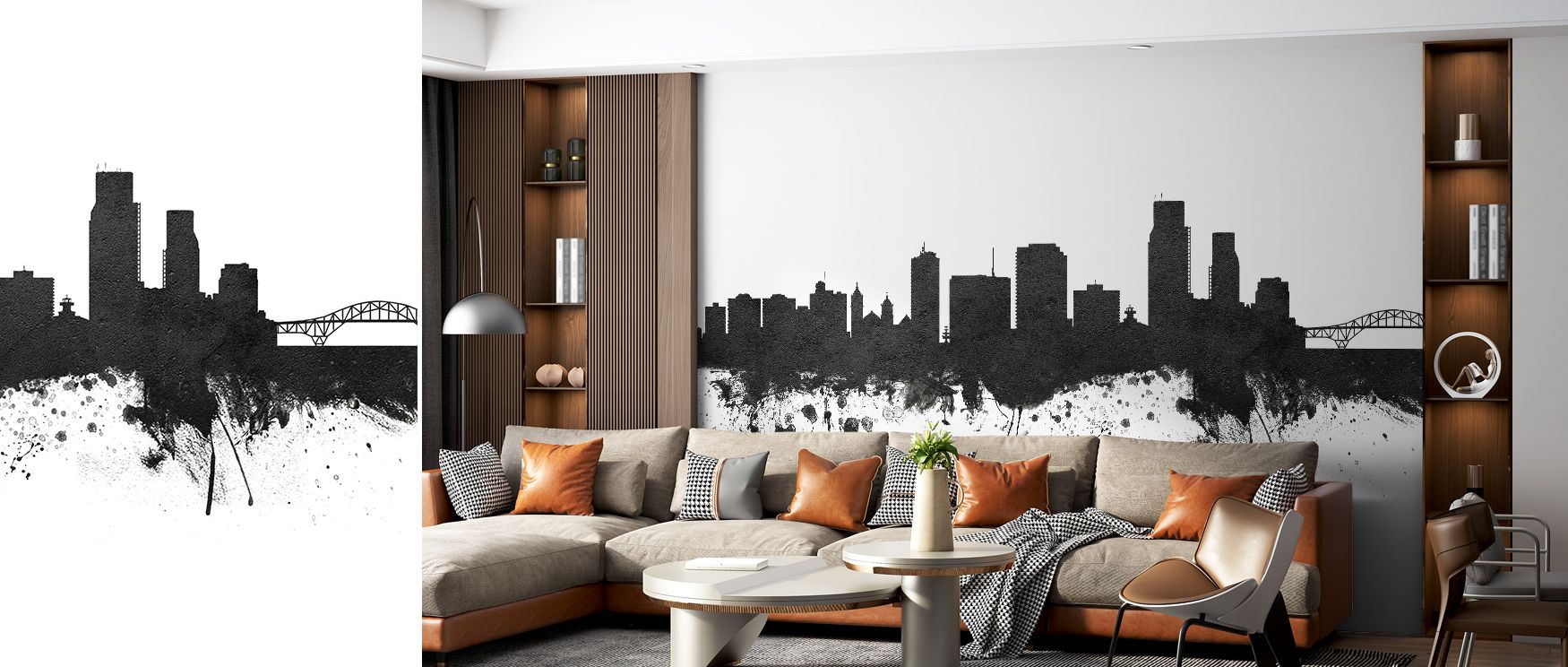 A mural wallpaper design showcasing Corpus Christi skyline in monochrome style, perfect for bedrooms, dining rooms, or studies. It enriches interiors with decorative refinement, architectural balance, and metropolitan artistry, creating striking atmospher