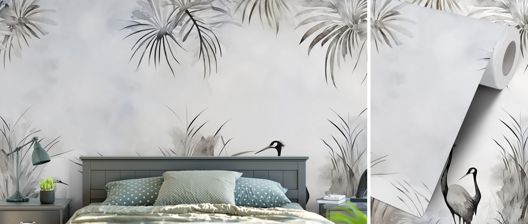 A mural wallpaper capturing cranes among gray-toned fields, ideal for bedrooms, lounges, or creative spaces. It enhances interiors with decorative refinement, natural artistry, and serene charm, creating refined spaces filled with grace, tranquility, and 