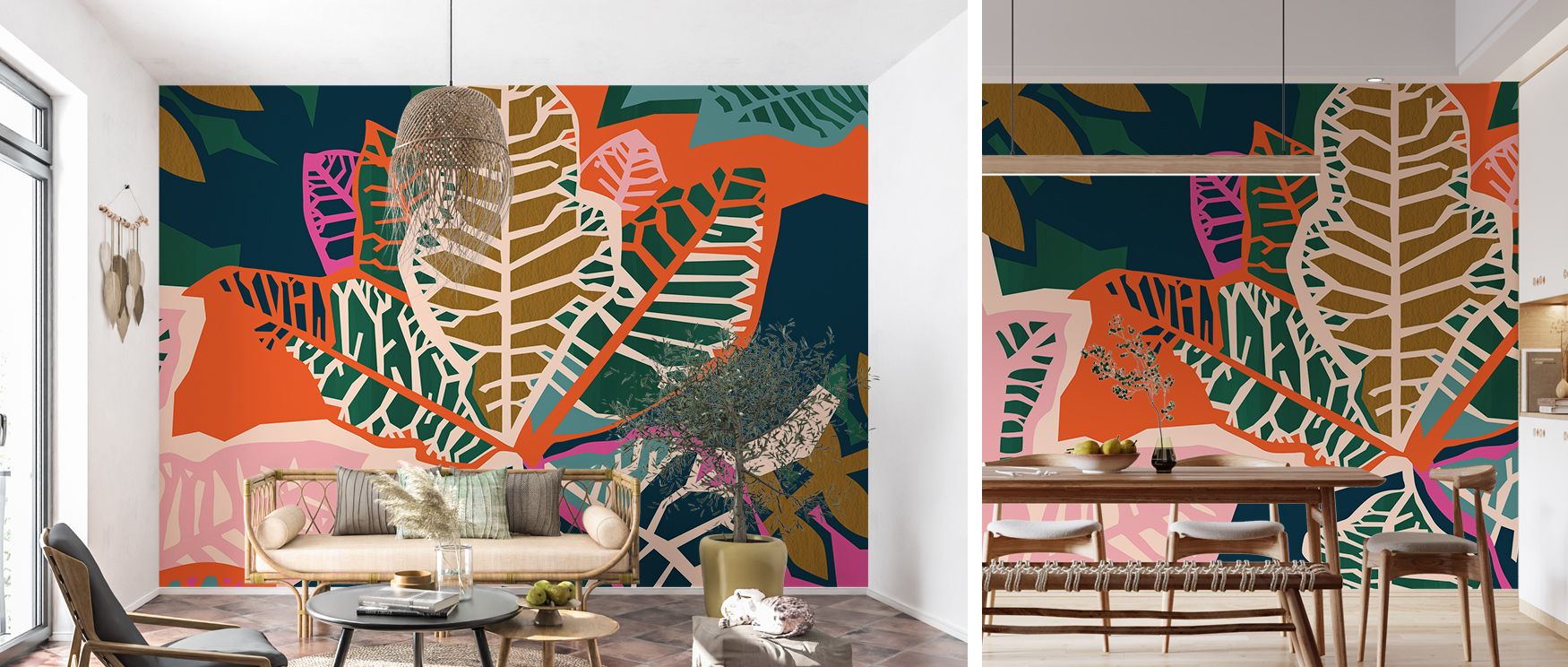 A mural wallpaper showcasing croton-inspired abstract motifs, perfect for bedrooms, dining areas, or lounges. It enriches interiors with decorative artistry, modern refinement, and unique inspiration, creating lively spaces filled with stylish balance and