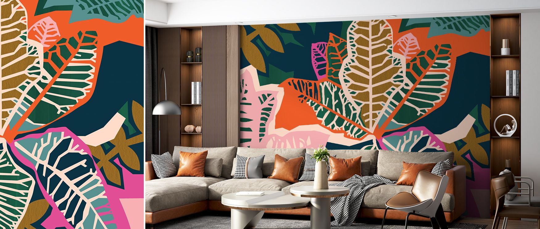 A mural wallpaper featuring croton-inspired patterns in abstract forms, perfect for bedrooms, dining rooms, or studies. It enriches interiors with decorative refinement, creative artistry, and bold charm, creating lively spaces filled with timeless modern
