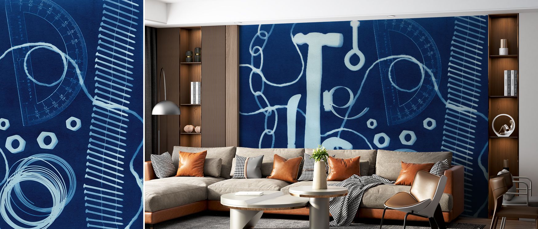 Contemporary abstract wallpaper featuring shades of cyan and unique shapes, blending art and modernity for interiors that value expression, depth, and bold design choices, suitable for bedrooms, living rooms, or home offices. 