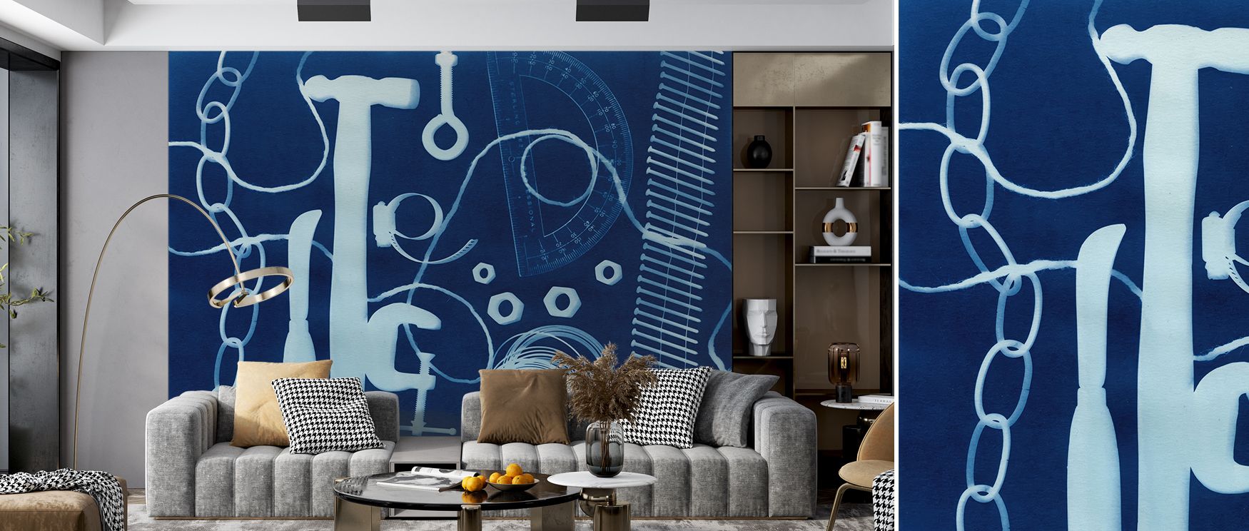 Artistic wallpaper design showcasing abstract patterns in blue, crafted to bring elegance, vibrancy, and creative atmosphere into spaces like creative studios, bedrooms, or modern living rooms. 