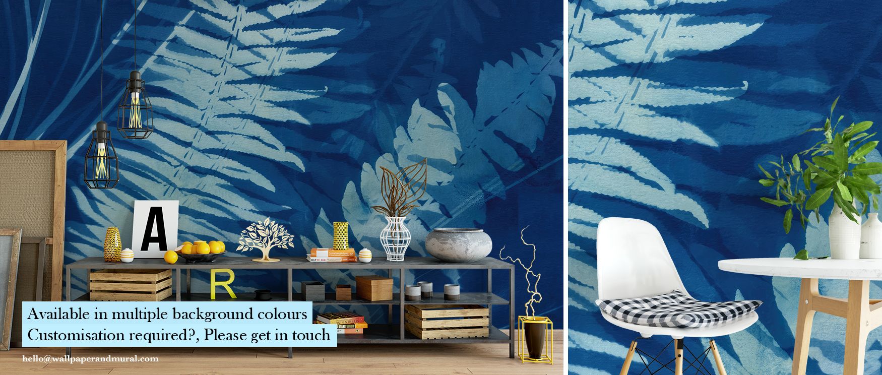 Cyan fern leaf wallpaper inspired by cyanotype printing, capturing botanical charm in soft blue tones with elegant patterns, perfect for spaces like bedrooms, reading nooks, or dining areas seeking tranquility and stylish wall art. 