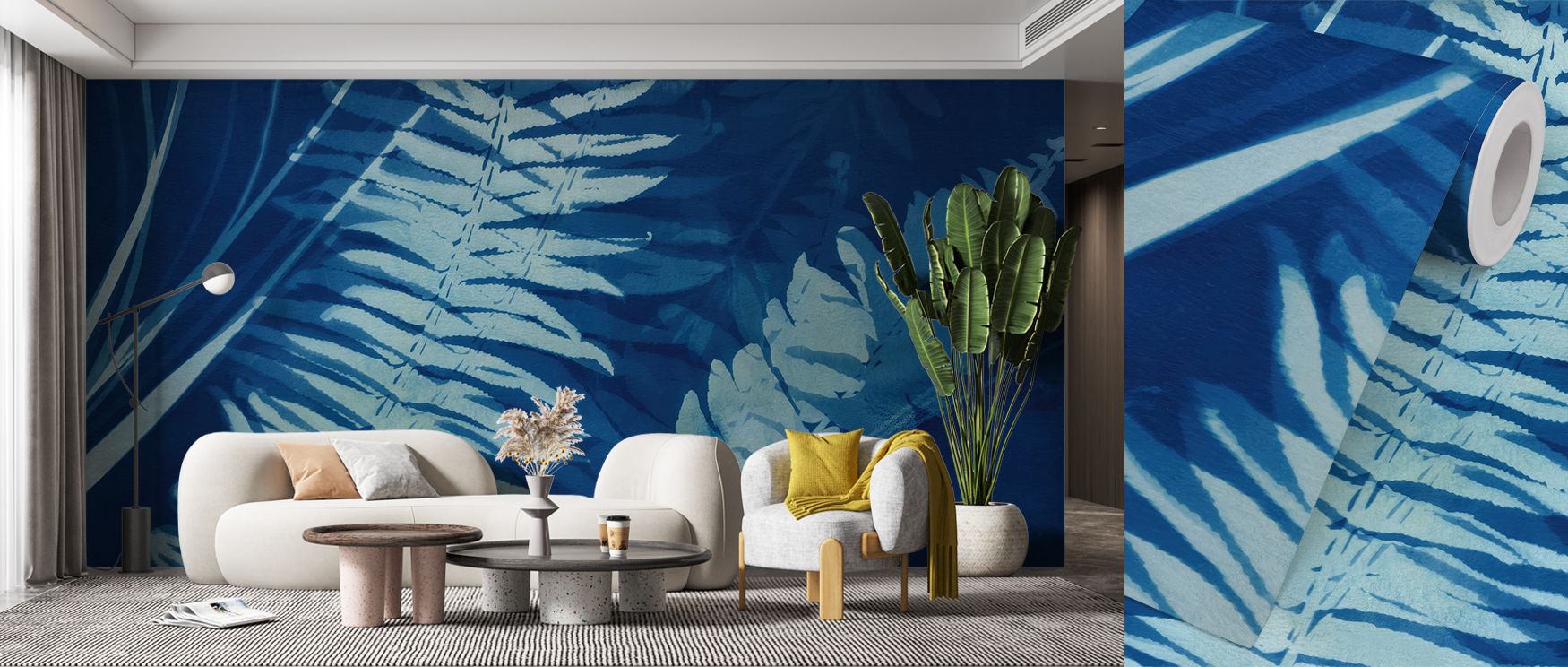 Cyanotype botanical wallpaper featuring graceful fern leaves with fine detail, blending art and nature in soothing hues, perfect for creating a calming environment in modern homes, vintage interiors, or tranquil bedrooms. 