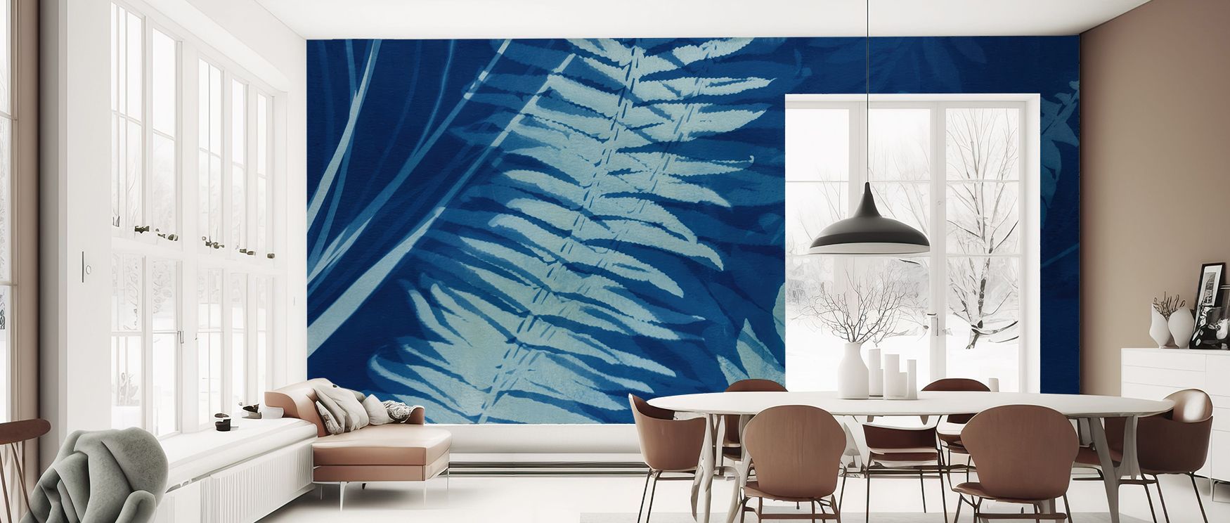 Cyanotype nature wallpaper highlighting delicate fern motifs in refined hues, offering interiors a calming focal point, perfect for nature lovers decorating living rooms, bedrooms, or offices. 