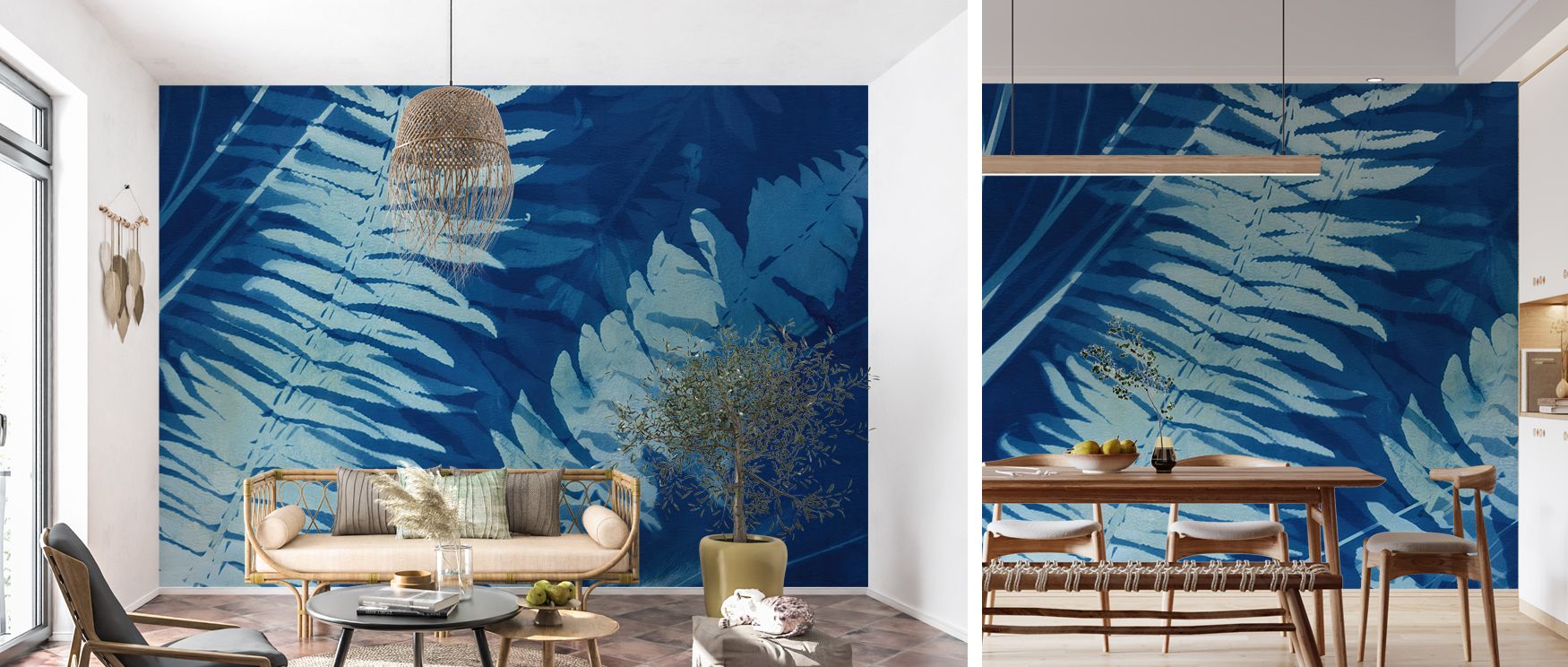 A refined wallpaper design inspired by cyanotype art, showcasing delicate fern motifs in blue tones that create a mood of elegance and natural charm, suitable for interiors like living rooms, studies, or bedrooms. 