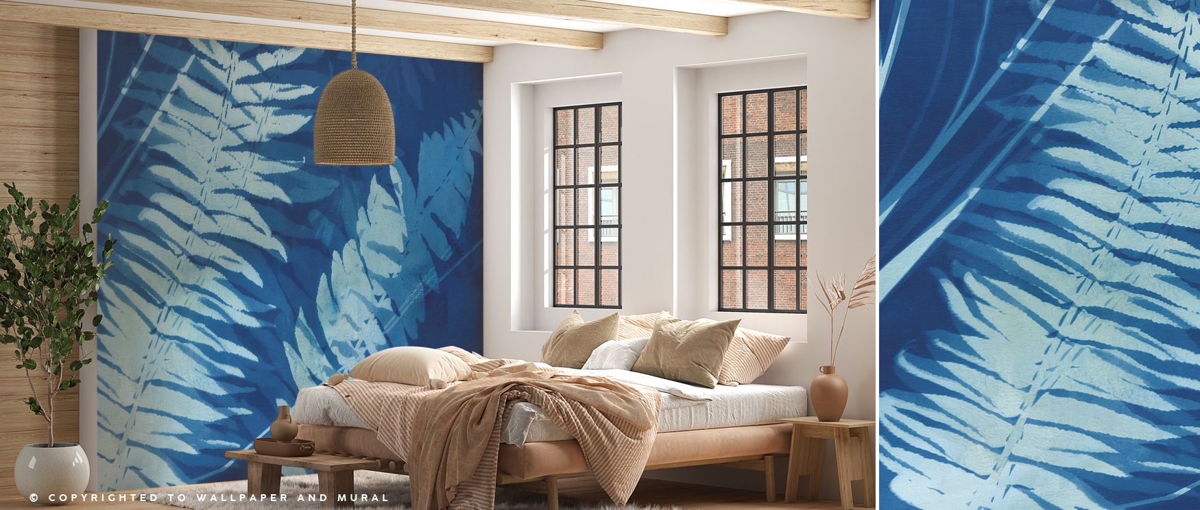 Botanical fern wallpaper with cyan tones, designed to infuse spaces with natural beauty, tranquility, and artistic charm, ideal for home libraries, offices, or restful bedrooms where atmosphere matters. 