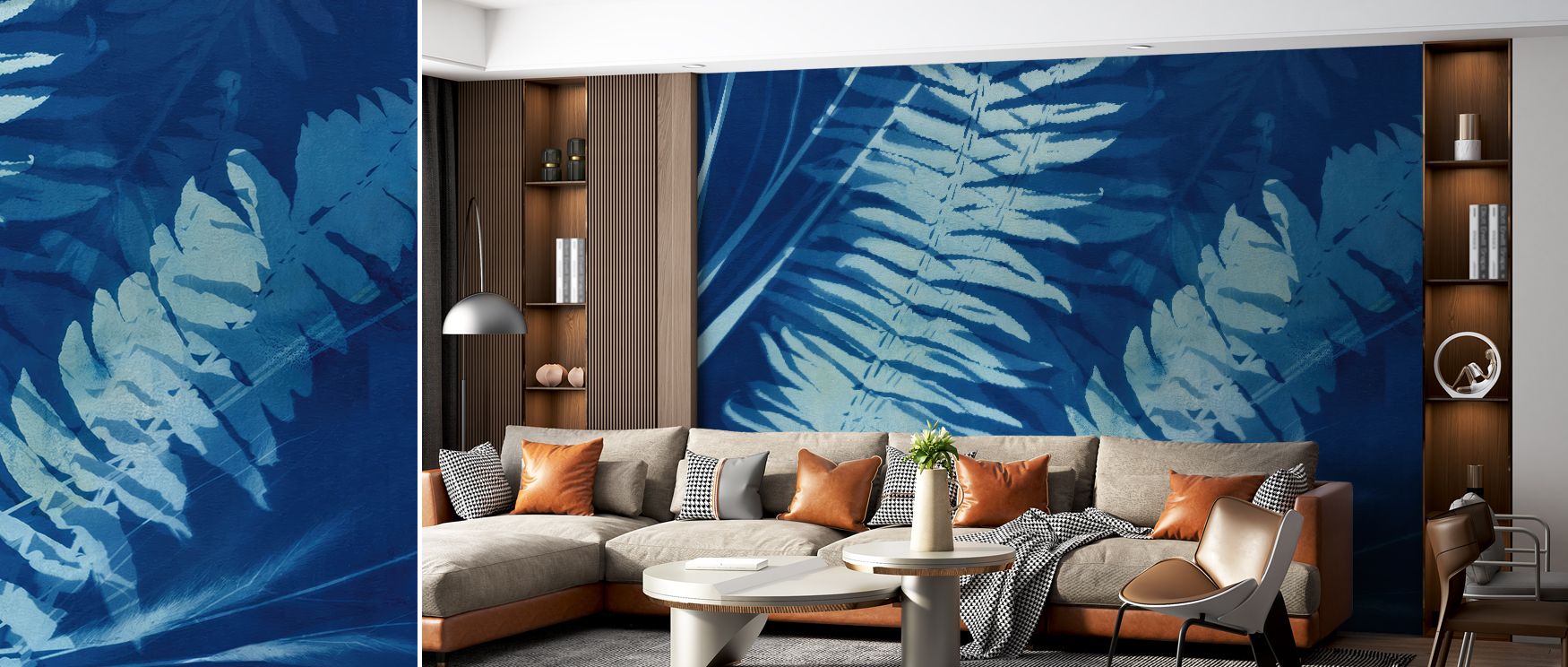 Cyan fern leaf design wallpaper bringing calm and elegance through detailed botanical patterns, blending modern minimalism and organic inspiration, perfect for creating a stylish yet peaceful room. 