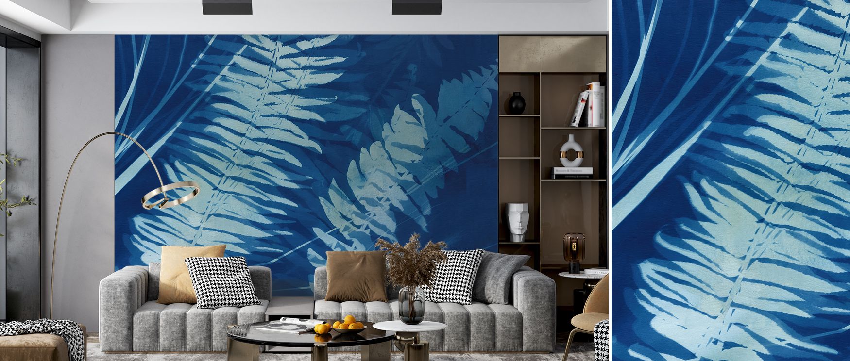 Elegant wallpaper inspired by cyanotype prints, featuring botanical fern leaves that create a soft, soothing, and artistic environment, suitable for meditation spaces, bedrooms, or serene living rooms. 