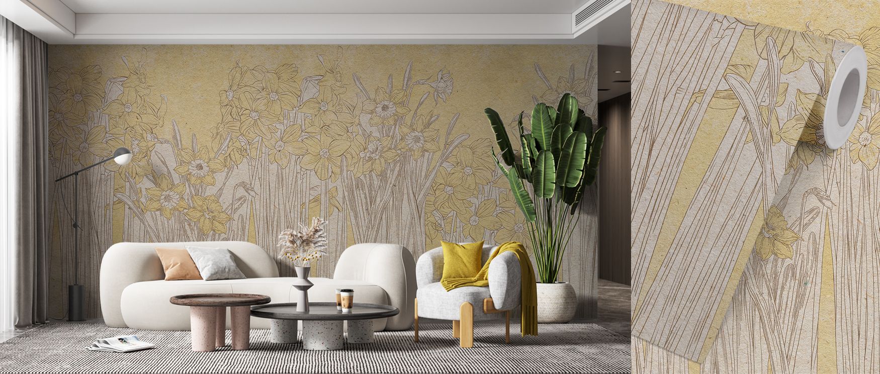 Blooming daffodil motifs in soft yellow create a wallpaper design that feels vibrant yet refined. The elegant floral detailing elevates interiors by adding freshness, charm, and optimism, making it ideal for living rooms or cozy bedrooms where floral arti