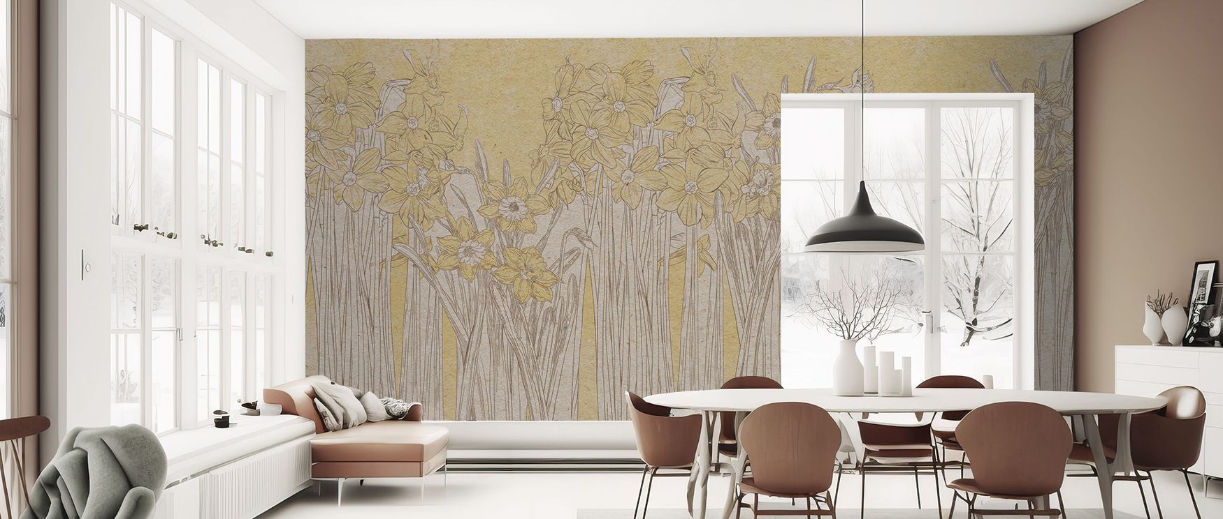 Elegant daffodils flow across this wallpaper in a design that radiates freshness and tranquility. The floral patterns offer a timeless botanical appeal, perfect for enhancing bedrooms, hallways, or living areas with cheer, sophistication, and the serene e
