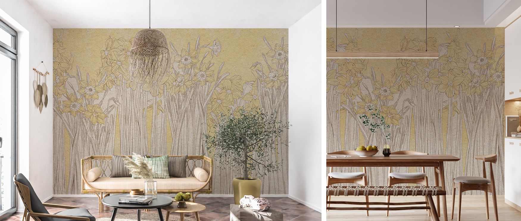 This daffodil wallpaper highlights natural charm with elegant floral designs that bring sophistication into spaces. The blossoms flow gracefully, infusing walls with beauty and tranquility. Perfect for bedrooms, lounges, or creative spaces, it adds optimi
