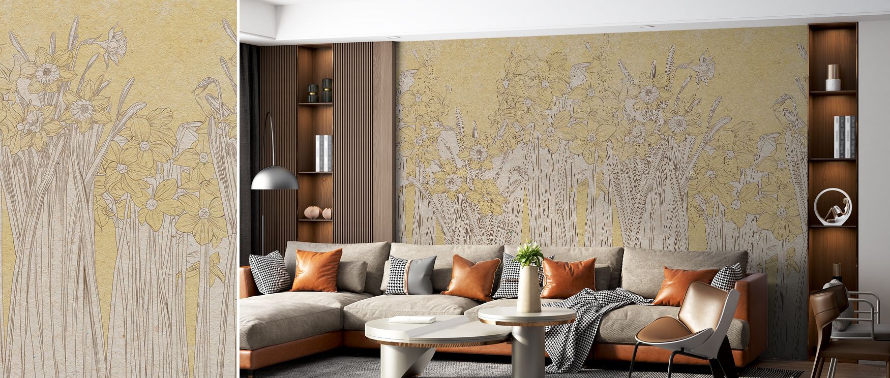 Featuring daffodils in graceful bloom, this wallpaper adds timeless floral refinement to interiors. Its composition creates warmth and balance, offering charm to modern or classic spaces alike. Perfect for living rooms, bedrooms, or hallways, it enhances 