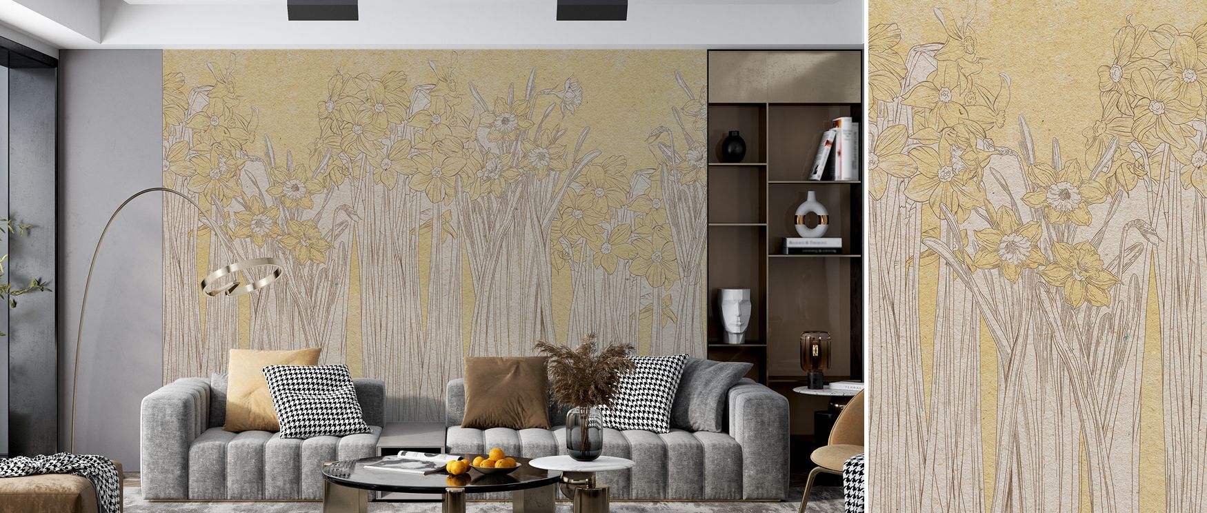 This floral wallpaper captures spring’s essence through daffodils rendered with delicate artistry. The blossoms’ soft yellow hues add charm and refinement to spaces, creating a refreshing environment ideal for dining rooms, bedrooms, or sun-filled lounges