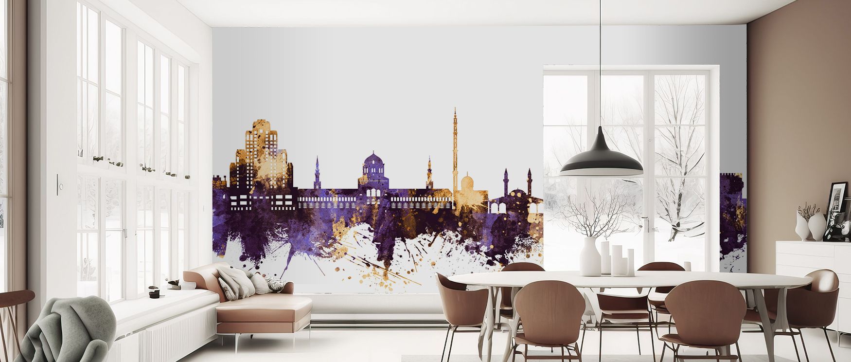 Damascus skyline wallpaper rendered in artistic colors that highlight urban charm and heritage. Its bold palette offers interiors a unique atmosphere filled with culture and refinement, ideal for professional offices, living rooms, or bedrooms that thrive