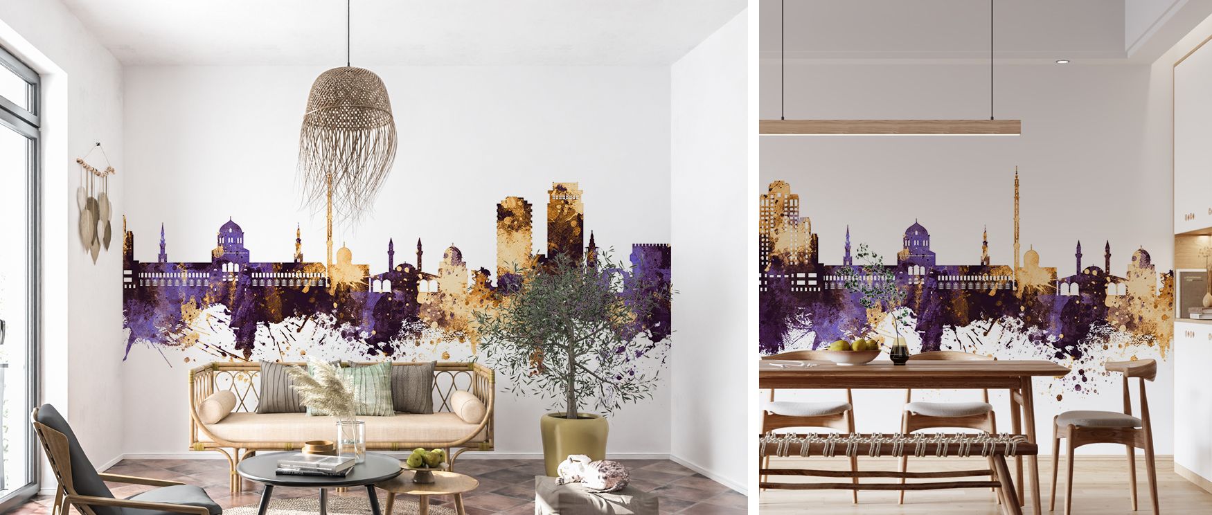 Showcasing Damascus’s skyline in artistic tones, this wallpaper merges cultural storytelling with shimmering purple and gold hues. Its design creates a luxurious metropolitan atmosphere, perfect for modern living rooms, professional spaces, or bedrooms th